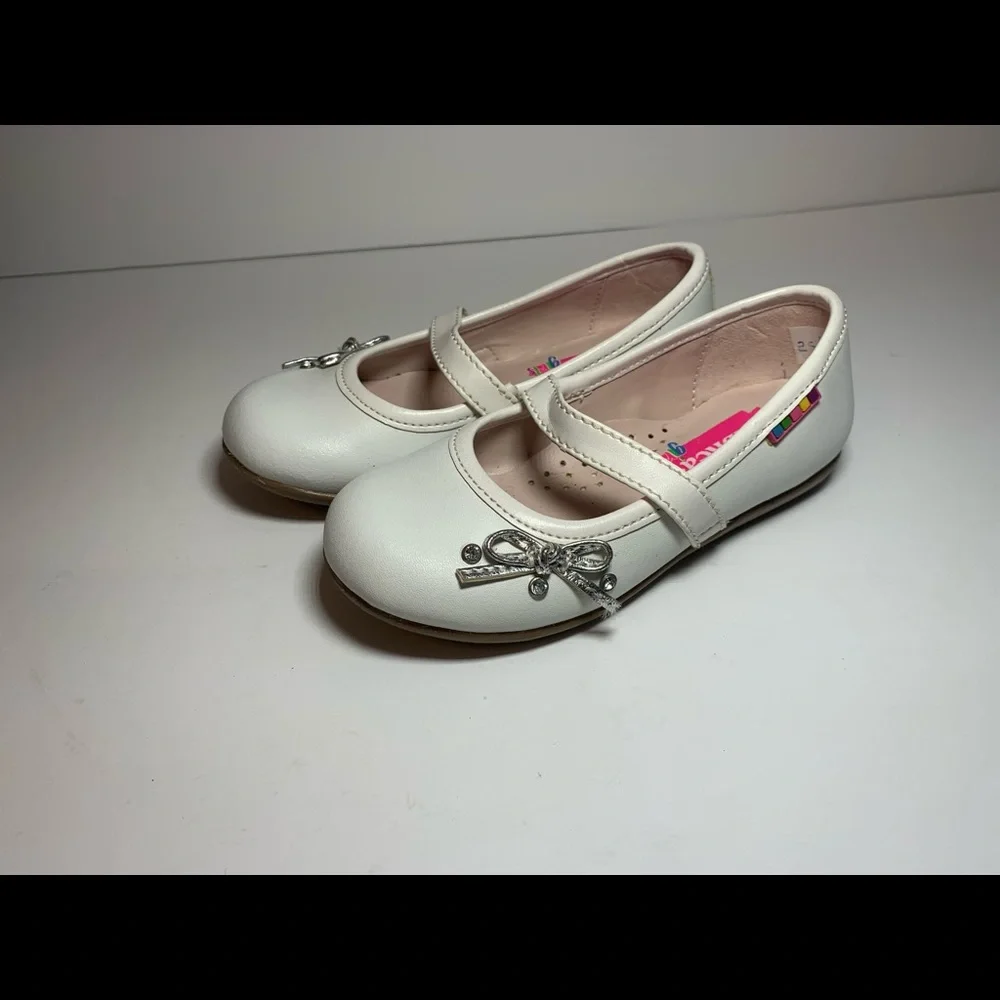 Andrea Girl Toddler White Leather Ballet Flat Metallic Bow Size 8‎ NEW